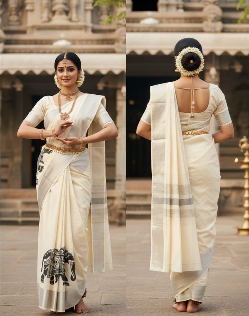 Minukki Silver Check Saree with Black Border and Elephant Block Prints