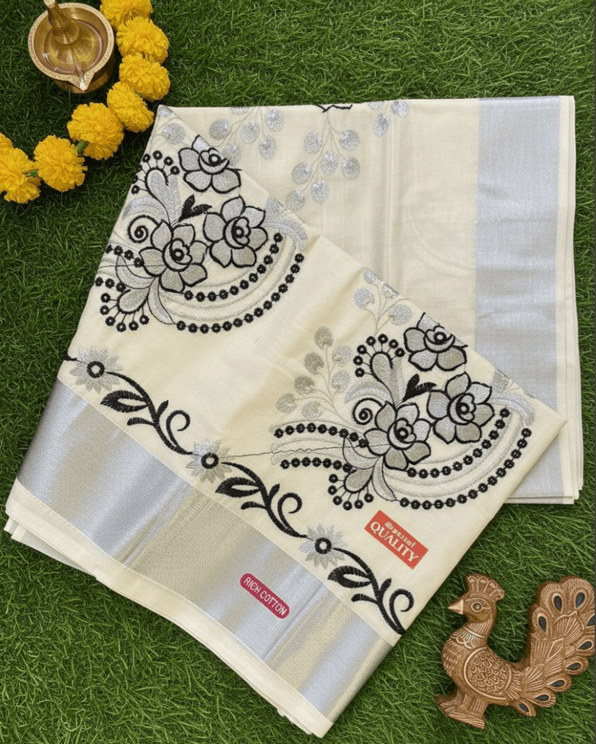 Women's Kerala Kasavu Embroidry Cotton Saree With Running Blouse Piece