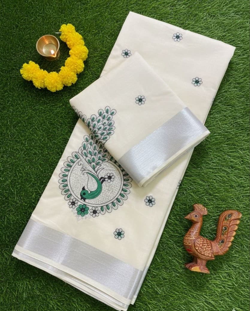 Onam Saree Ready to Wear, Embroidery Kerala Kasavu, Pea cock Motifs, Gold Zari