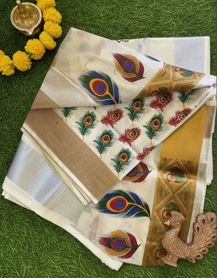 Kerala Kasavu Golden Tissue with Peacock Feather Print Saree with Running Blouse | Green, Red