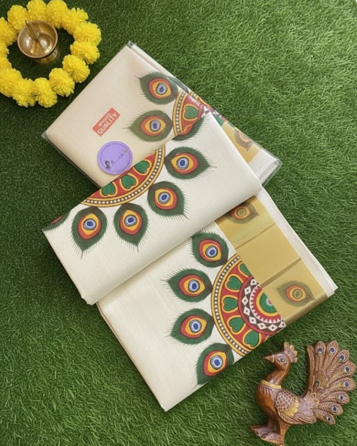Kerala Kasavu Warm white Golden Tissue with Peacock Feather Print Saree with Running Blouse | Green, Red